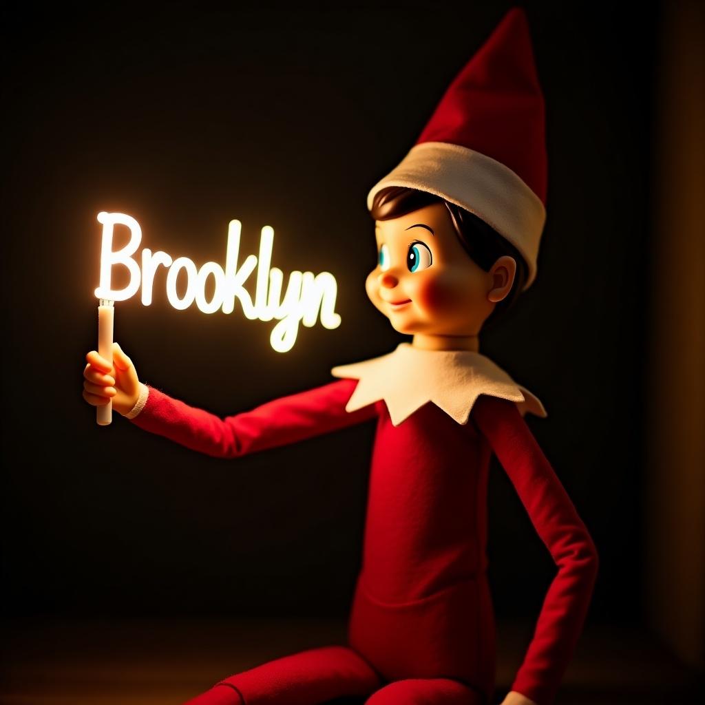 Image of an Elf on the Shelf character in red and white clothing. Elf holds a glowing stick forming the name Brooklyn. Dark background enhances the glowing letters. The scene evokes a festive, magical atmosphere of Christmas.