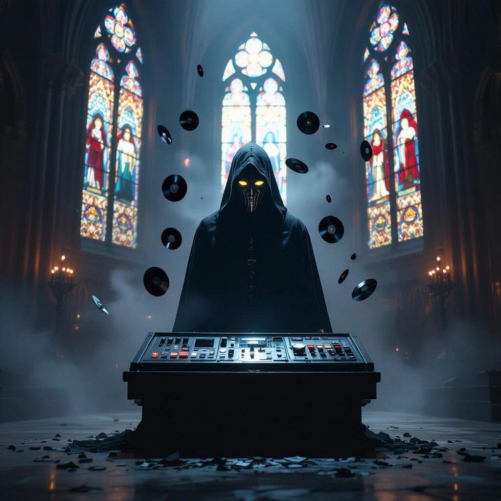 Dark cathedral with a glowing atmosphere. Stained glass windows illuminate the scene. A hooded figure with a metal mask hovers above a large control panel. Vinyl shards float around like runes. Dusty air and soft fog enhance the mood.