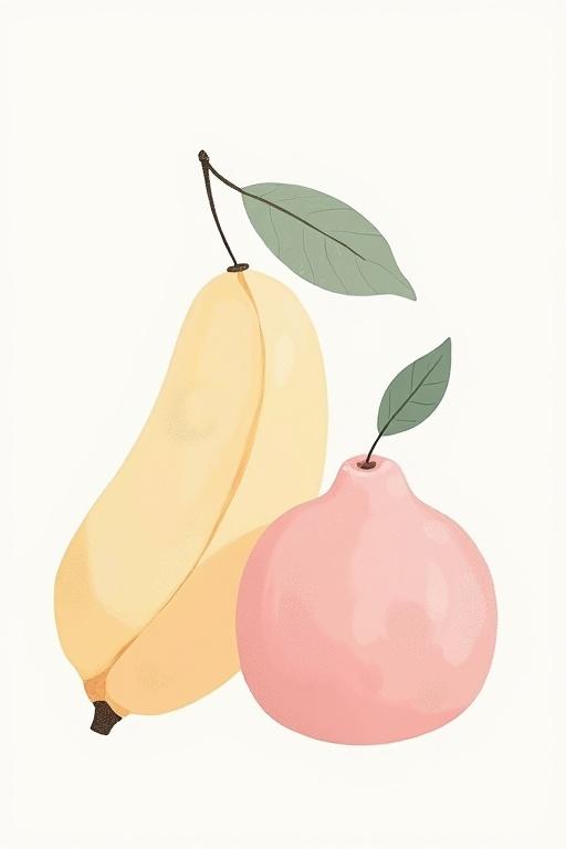 Soft pastel illustration of banana and pear. Gentle muted tones with simple composition and subtle shading. Background is plain white. Minimalist style conveys warmth and child-friendly vibe.