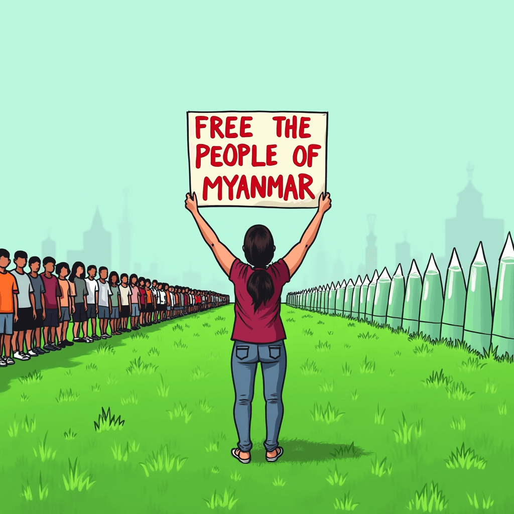 A person stands in front of a large crowd holding a sign that reads "Free the People of Myanmar."