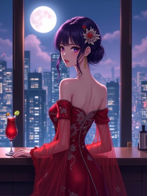 A sexy woman stands gracefully in a red off-shoulder gown. She has long violet hair styled with ornaments. A cocktail sits on the bar counter. In the background, a vibrant city skyline lights up the night. The full moon casts a romantic glow. The image showcases a semi-anime style with meticulous detail, focusing on elegance and allure.