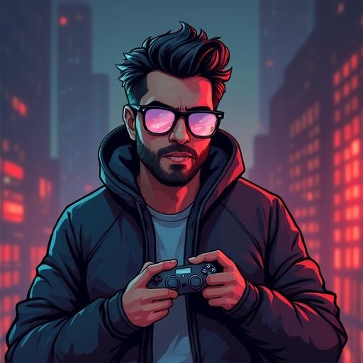 A cool man with glasses holds a video game controller in an urban setting. City skyline glows with neon lights. Dark hoodie complements his style. Depicts gaming culture.