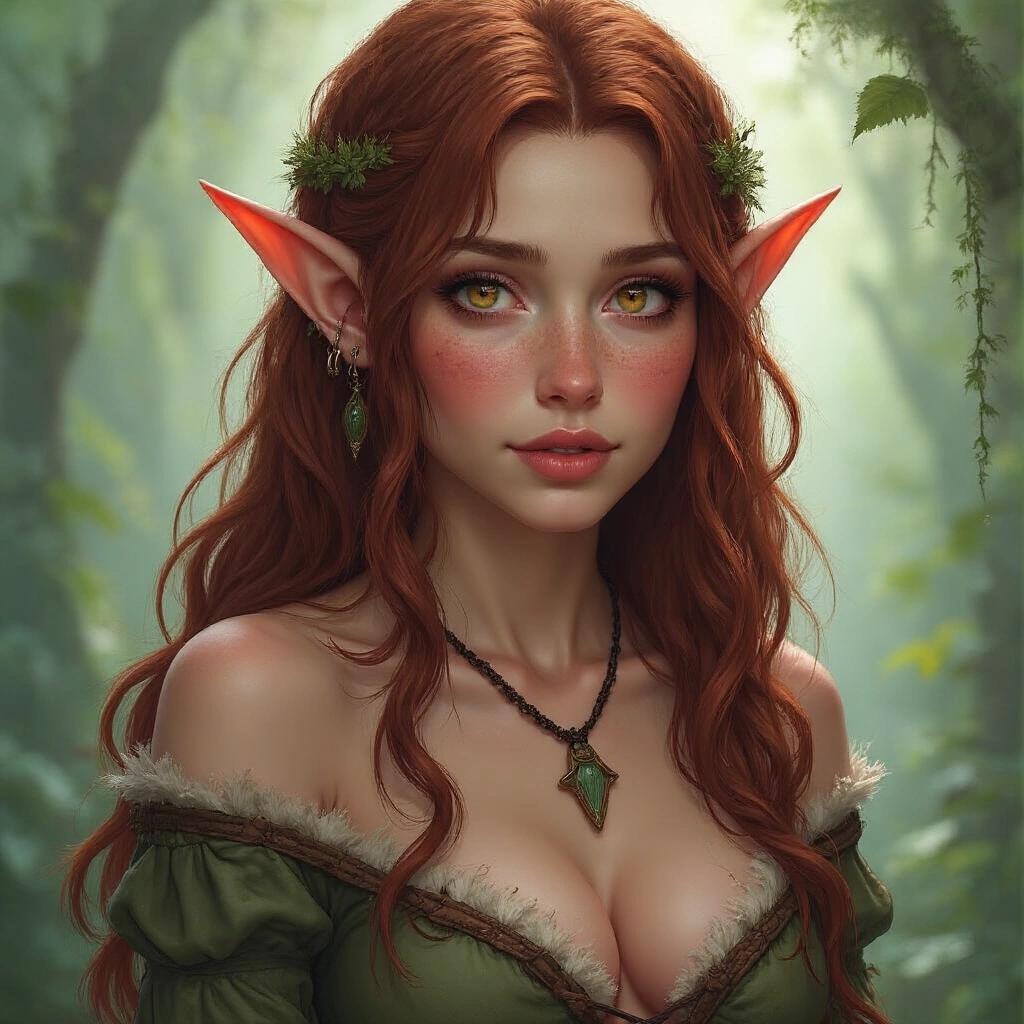 A wood elf woman with large ears and amber eyes. She has long auburn hair, soft waves around the shoulders. Her expression is serene yet alluring. She wears a green tunic adorned with jewelry. The background features a lush, green forest. Light filters through trees.