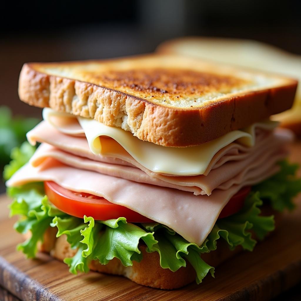 The image features a delicious sandwich layered with sliced smoked turkey, white cheese, fresh lettuce, and juicy tomato, all between two pieces of golden-brown toasted bread. The vibrant colors of the ingredients suggest freshness and quality. The sandwich is presented on a wooden cutting board, highlighting its appetizing appeal. It could be ideal for showcasing in food-related articles or social media posts. The rich textures of the bread and fillings are inviting and make it a tempting choice for a meal.