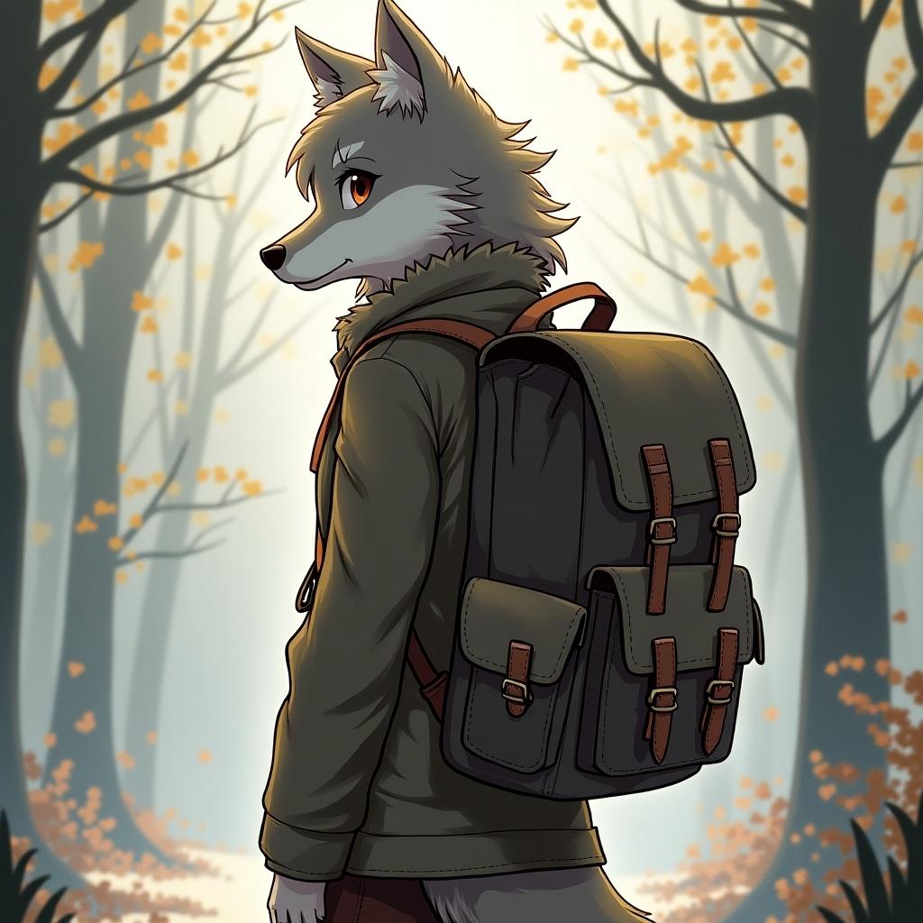 A tomboy wolf character named Luna stands facing away with a backpack on her back. She has a gray fur coat and is in a forest filled with autumn colors.