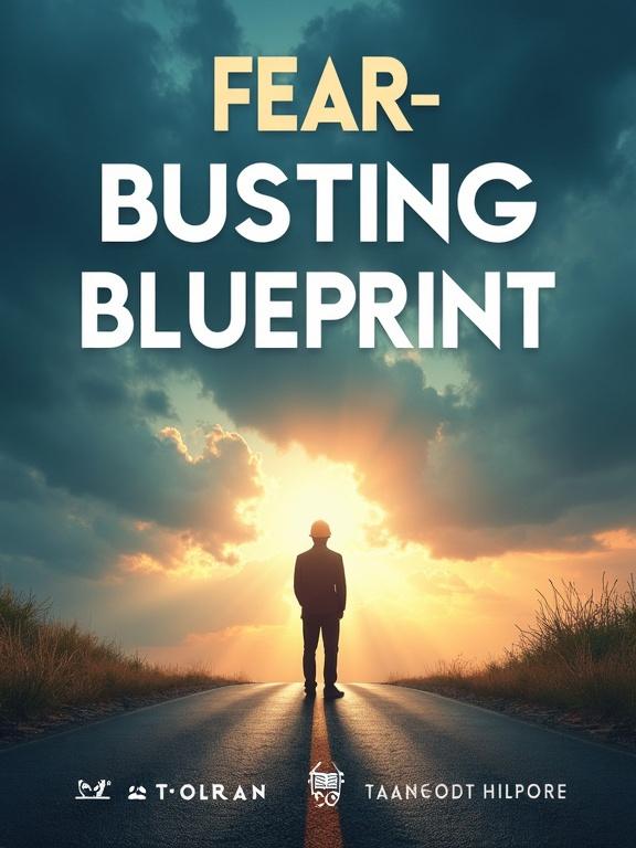 Cover design features bold modern title. Title reads 'Fear-Busting Blueprint'. Clean strong typography is used. Background shows a lone figure at a crossroads. Figure stands facing forward with determination. Sunlight breaks through stormy clouds in the distance. Symbolizes overcoming fear and stepping into possibility. Subtle gradient overlay combines deep blues and warm oranges. Enhances emotional depth. Small minimalist icons represent growth, action, and progress. Overall design conveys empowerment and readiness for change.