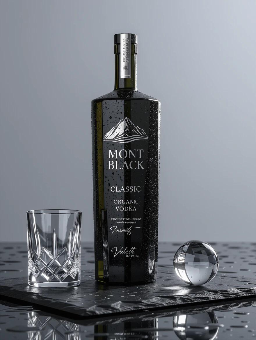 Hyper-realistic photo of a vodka bottle on a dark stone surface. The tall black bottle has a minimalist platinum logo with elegant fonts. It includes embossed graphics and condensation. A crystal glass with ice sits beside it. Bright, blurred beach bar in the background adds warmth.