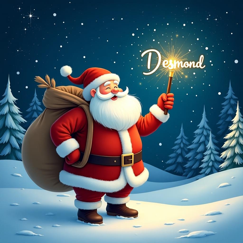 Santa Claus stands in the snow with a big bag. Santa holds a sparkling wand. Writing Desmond in the starry sky. The scene includes winter trees and a starry night.