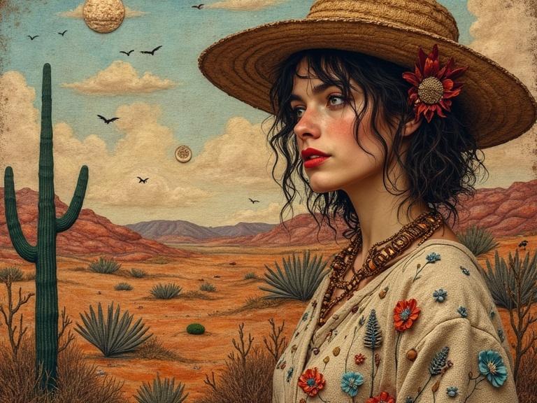 Artwork features a woman in desert landscape with a straw hat. Primitive quilt elements include dried flowers and vibrant threads. Earthy tones and fauvist style enhance the scene.