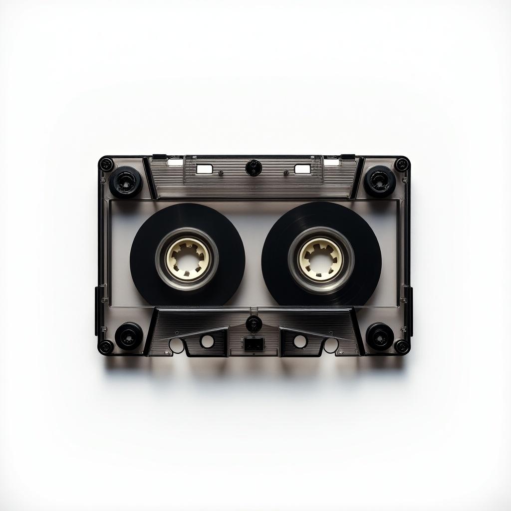 A classic black and transparent cassette tape is arranged on a plain white backdrop. Intricate details of the cassette are visible, highlighting the reels inside. The design reflects nostalgia for analog sound. The white background directs attention to the cassette.