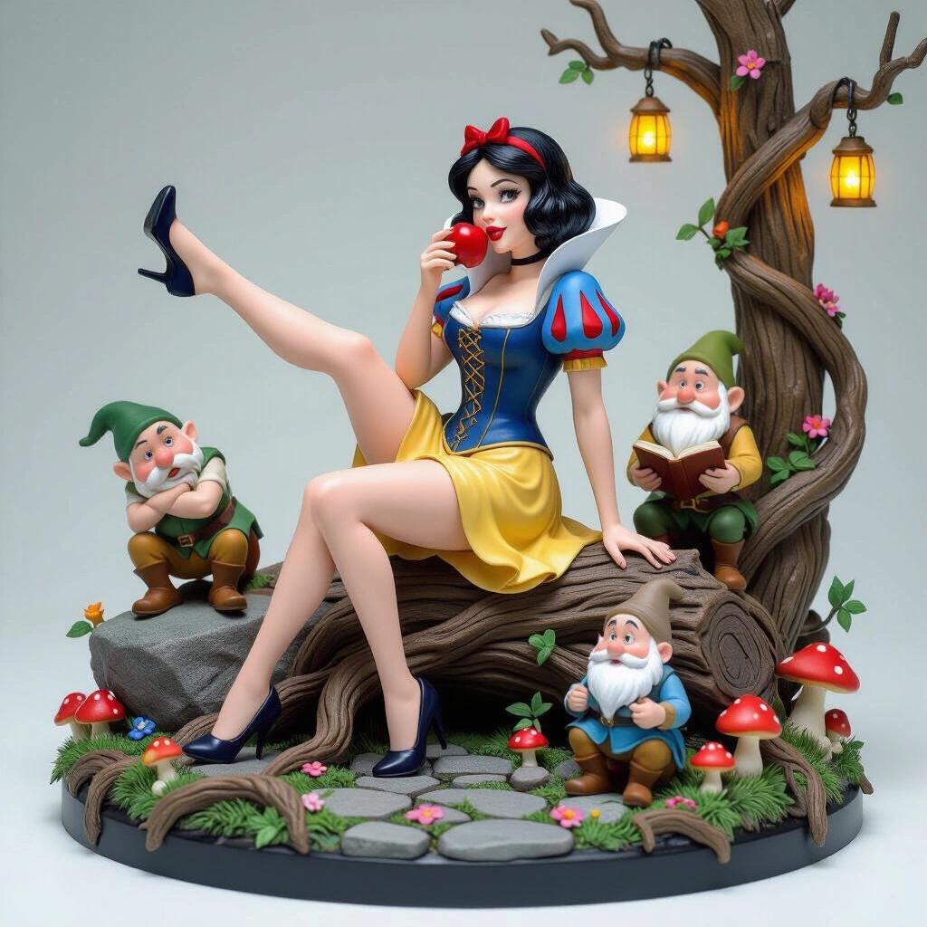 Resin figure of a beautiful character inspired by a classic fairy tale. Sitting elegantly on a log surrounded by flowers and mushrooms. Wearing a fitted dress showcasing a stylish outfit. Holding a shiny apple close to lips. Surrounded by four lively dwarf figures engaged in various activities. Base features glowing elements and natural details creating an enchanting atmosphere.
