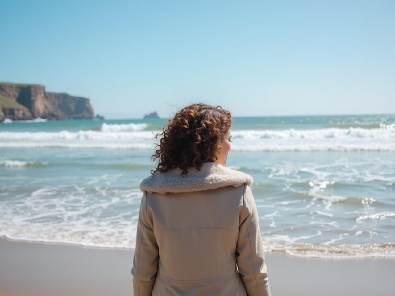 The image shows a person standing on a beach, facing the ocean. The person has curly hair and is wearing a light-colored coat with a fur collar. In the background, we can see the waves of the ocean gently crashing onto the shore. There are cliffs visible in the distance under a clear blue sky. The scene appears peaceful and captures a serene moment by the sea.