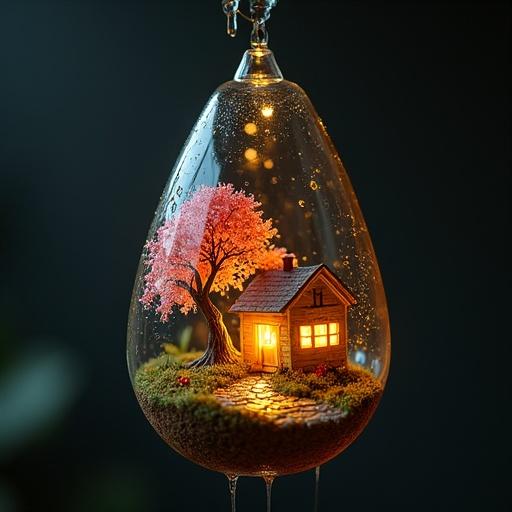 Suspended incandescent bulb containing miniature landscape with illuminated house trees one with pink flowers small water feature condensation droplets dark blurred background.