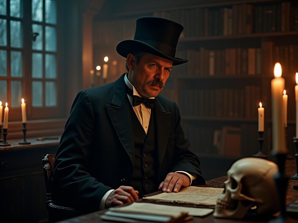 A Victorian-era coroner is seated at a richly adorned wooden desk surrounded by books. He wears a formal black suit with a bow tie and a tall top hat. The dim atmosphere is highlighted by flickering candlelight that casts shadows across the room. On the desk lies an open book and a human skull, suggesting he is in the midst of a serious investigation. Candles illuminate shelves filled with books in the background, enhancing the historical vibe. This scene captures the intrigue and solemnity of Victorian-era medical practices.