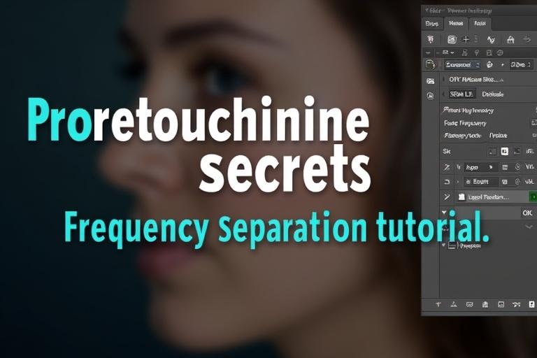 Display a Photoshop workspace screenshot that focuses on skin details. Show the layers panel labeled Low Frequency and High Frequency. Overlay large bold text saying Pro Retouching Secrets and smaller subtext Frequency Separation Tutorial. Use a dark background with bright white and cyan text.