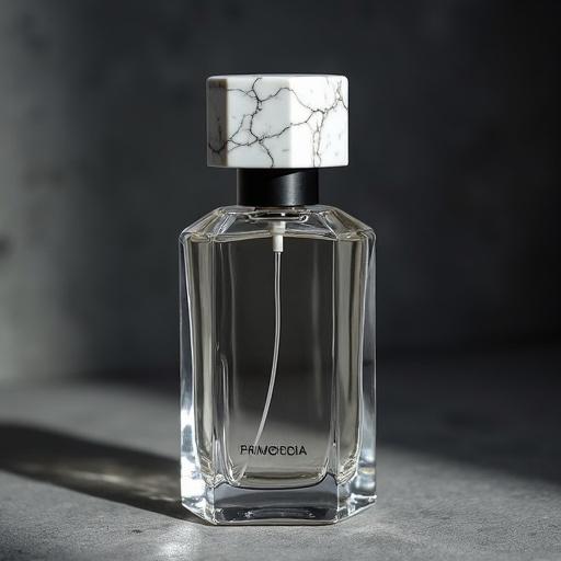 Tall luxury perfume bottle with hexagonal glass. Marble cap with jagged fractures and grey veins. Clear fragrance juice in bottle. Matte black metal sprayer without polish. PRIMORDIA engraved at the base. Dramatic lighting shows reflections. Dark grey textured concrete background. Raw material focus in hyperrealistic style. Evokes a sacred and elemental mood.