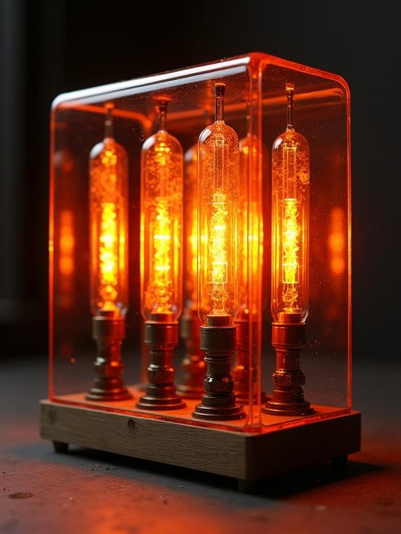 Mechanical box contains orange glowing glass tubes. Tubes are illuminated. Box features vintage style.