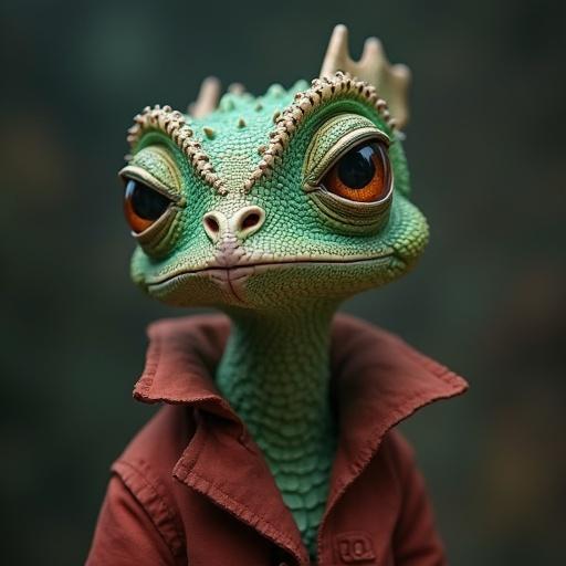 Image of a chameleon styled as a smart professor wearing a coat. The chameleon has expressive eyes and intricate skin textures. Focus on wise and intelligent features.