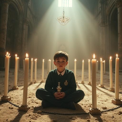 A boy in a school uniform sits cross-legged at the center of a ruined cathedral. Tall white candles surround him in a perfect circle. He holds a silver statuette in his lap. Sunlight pours through the broken dome. Dust particles float like falling ash. A delicate wire halo holds rotating icons behind him. Candle flames bend toward the boy. His eyes lock on the viewer, serene and unnervingly still.