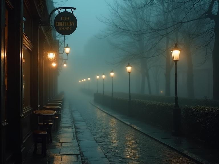 Foggy London street in 1919 outside tea parlor. Cobblestones are wet from rain. Soft light from gas lamps creates pools of illumination. Inside, tables are polished. Teacups are steaming. Atmosphere feels secretive and intriguing.