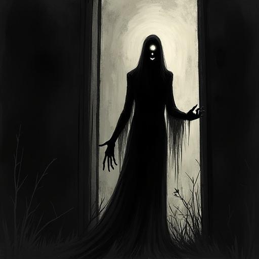 Illustration of a tall, gaunt figure emerging from darkness. It features long, skeletal fingers and glowing empty eyes. Stark dark illustration style with heavy black inks and sharp angles. The composition emphasizes a high contrast silhouette effect with chilling details.