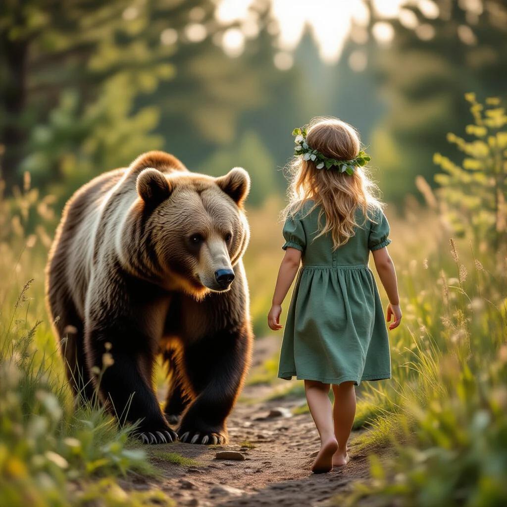A sweet girl in nature. She is wearing a green dress. The girl walks barefoot on a path. A bear walks beside her.