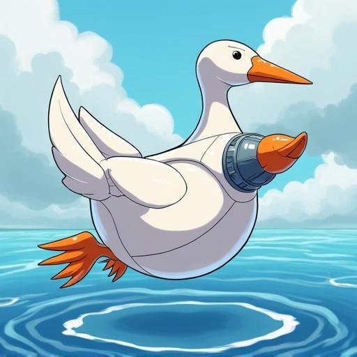 Stylized white goose with orange beak and robotic parts. Wings replaced by jet engines. Metallic paneling and glowing accents. Visible webbed feet. Dynamic pose over ocean with clouds. Classic anime art style with bold outlines.