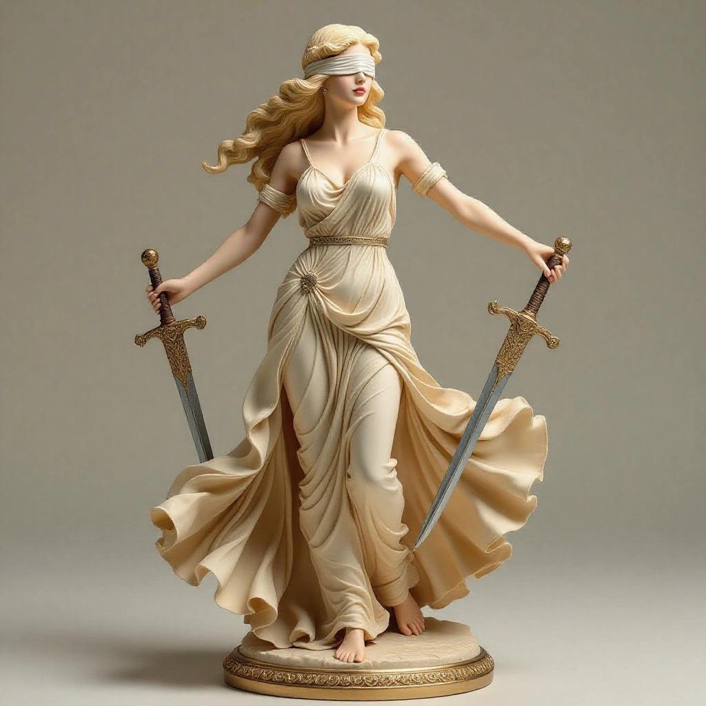 Figure of a blindfolded woman representing Libra. She stands in a dancer's pose, holding swords. Wearing a flowing Greek dress. Features long wavy hair. Captures balance and elegance.
