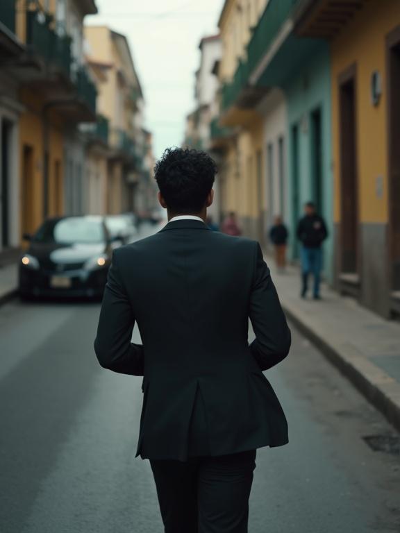 Photorealistic image of a latino man dressed in a dark suit running down a Brazilian street. Man is viewed from behind, looking back into the camera. Short thick black wavy hair. Evokes adventure and mystery.