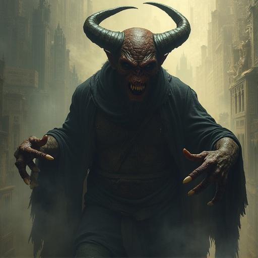 Demon character with horns raising hands in a dark and atmospheric setting.