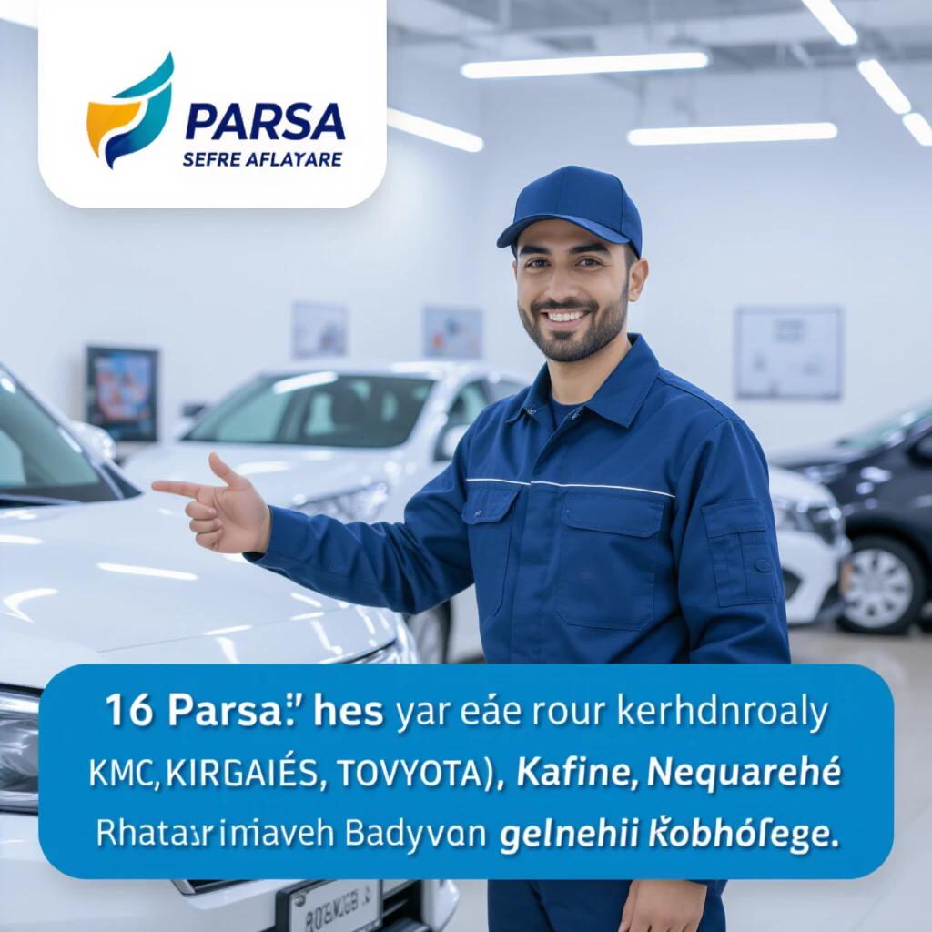 A mechanic in blue coverall standing in a garage environment. The mechanic is gesturing towards a white car. The background displays various vehicles. The mechanic has a friendly demeanor and appears knowledgeable about automotive issues.