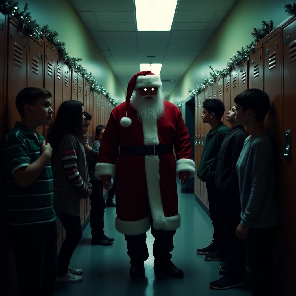 Santa Claus in a school hallway. Children look on while Santa looms ominously. The scene is dimly lit with festive decorations creating a jarring contrast. Horror elements blend with holiday cheer.