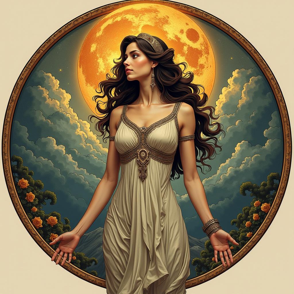 An illustration of goddess Circe surrounded by nature. The moon looms large in the background providing a magical ambiance. She wears a flowing gown adorned with intricate designs. Colors evoke a sense of enchantment and beauty.