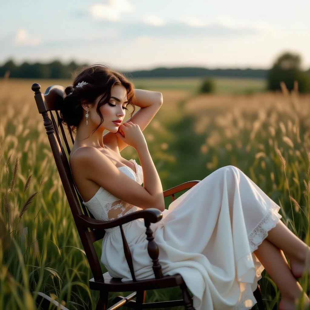 A woman reclining on a rocking chair in a countryside field. She has delicate features and a sensual pose. The photo captures timeless beauty with a warm color palette. The setting is reminiscent of classic art. Lighting is soft and natural, highlighting the figure.