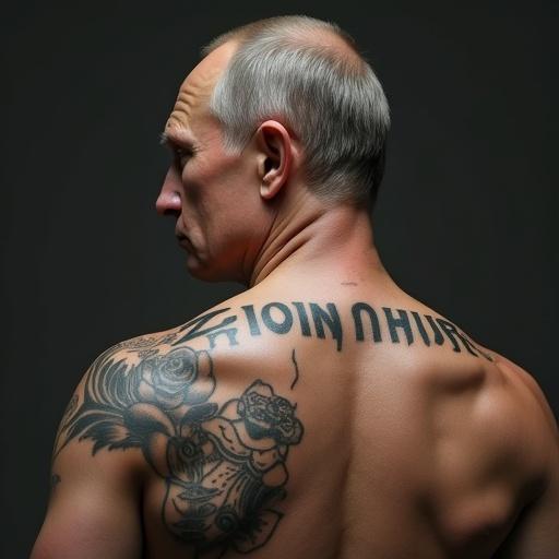 Realistic image featuring a man with a notable tattoo on his back. The tattoo includes the phrase ZiominiHUB. The perspective is from behind. Emphasis on tattoo details and skin texture.