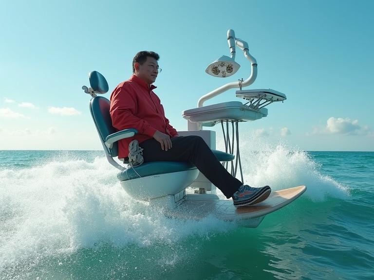 A man is sitting in a dentist chair on the ocean. The chair is on a surfboard. He appears relaxed while waves splash around.