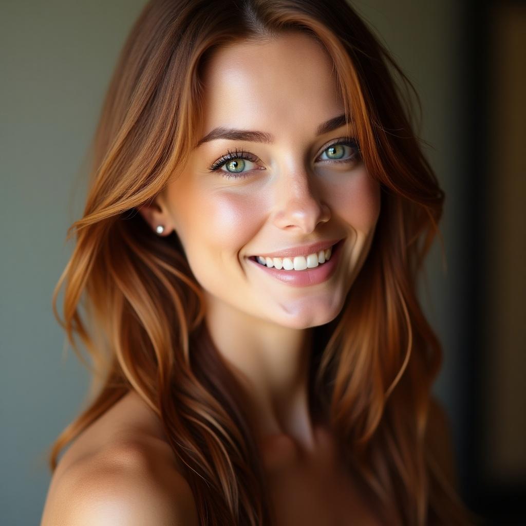 A woman with green eyes and full lips smiles. Hair flows around her shoulders. Soft light highlights her features. Warm and approachable expression. Neutral background focuses on her gaze and smile.