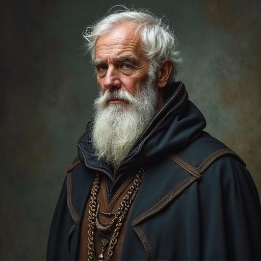 Half body portrait of a DND cleric between 45 to 50 years old. Worn and tired appearance. Short white beard and white hair.