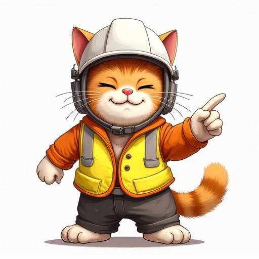 Realistic cat with a confident smirk wearing a white safety helmet and reflective vest. The cat is pointing with one paw. Side view image of Genba Neko.