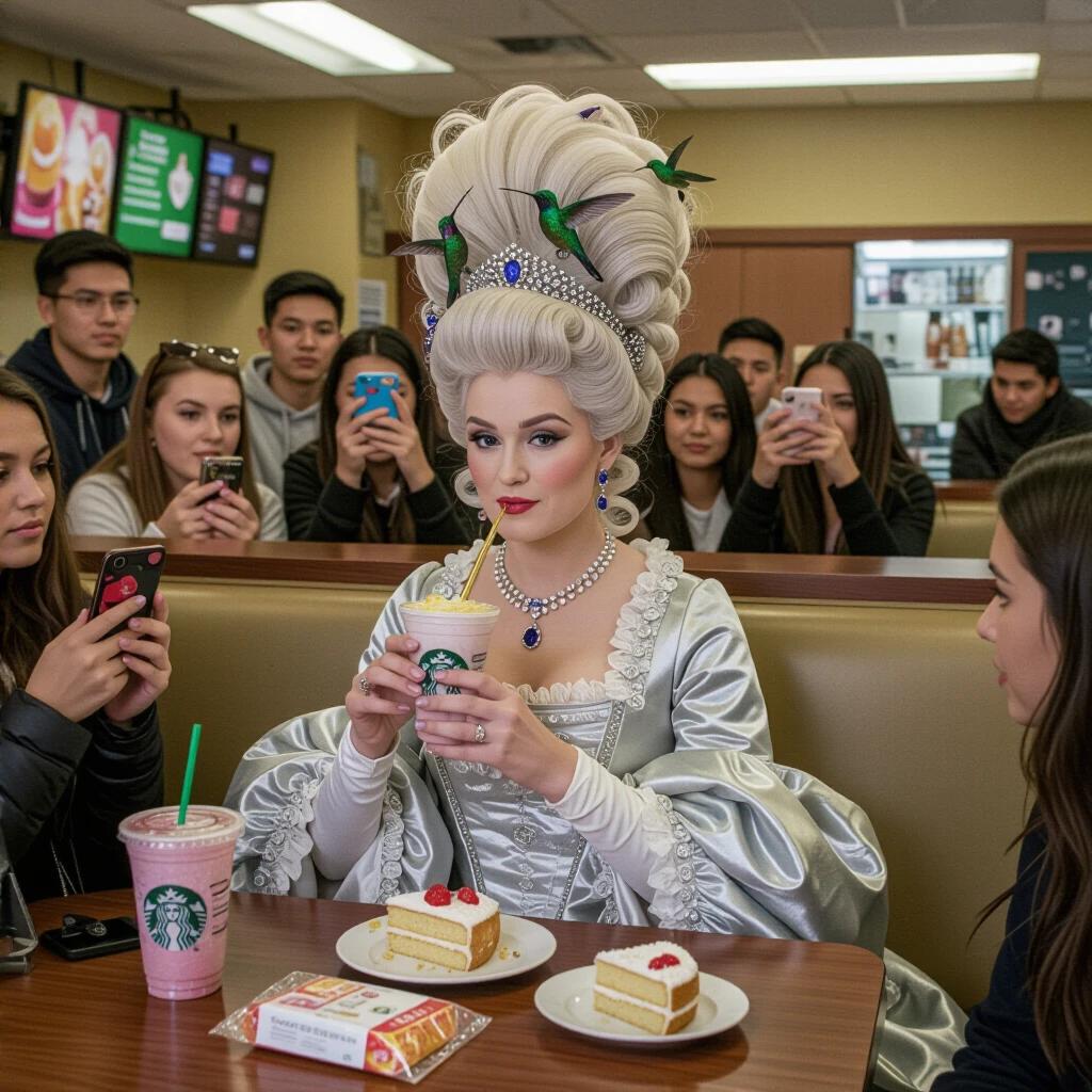 Marie Antoinette in an extravagant gown at Starbucks. She sips a pink Frappuccino. Store is crowded with teenagers filming. Barista calls for her latte. Footmen hold trays of scones. Spilled matcha latte near her feet. Camera reflects her smile. Scene contrasts retail and Rococo styles. Theme of gluttony in mass production.