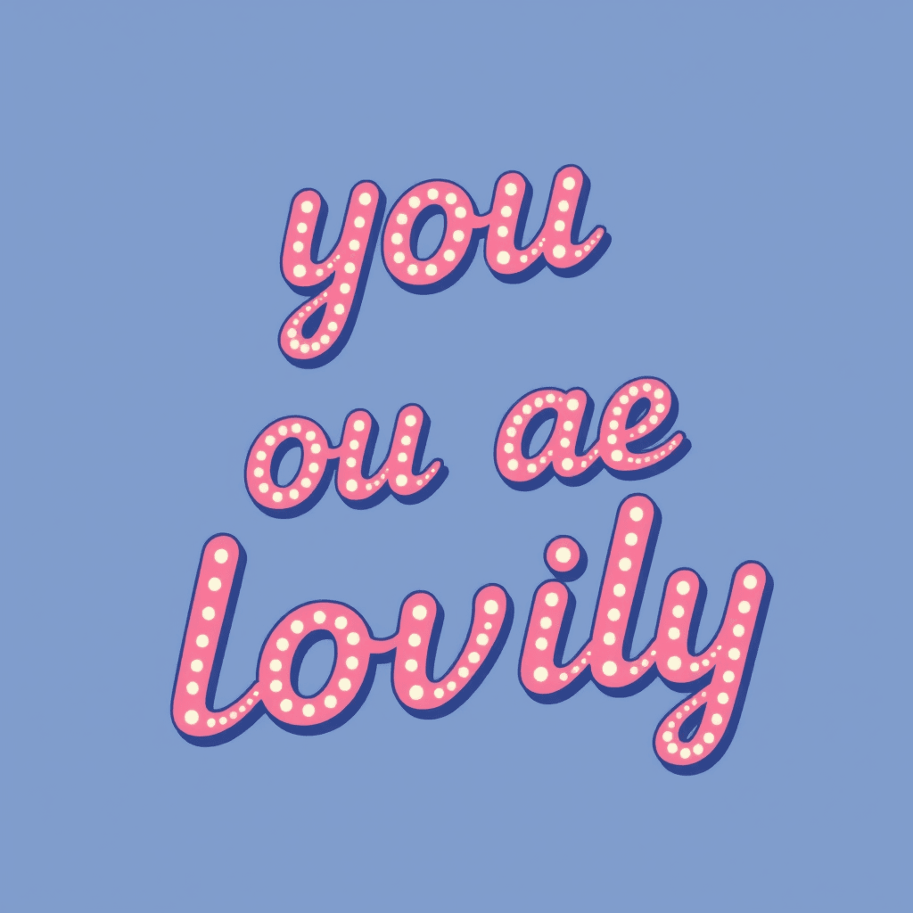 The phrase 'you ou ae lovily' is written in pink letters with white dots on a blue background.