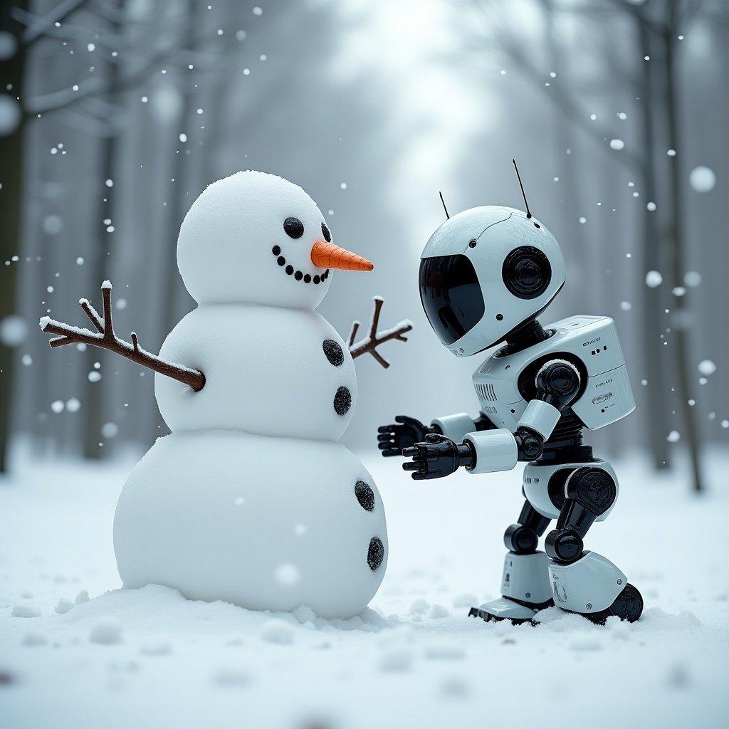 Robot interacting with a cheerful snowman in a snowy forest. Snow covers the ground and tree branches. The snowman has a carrot nose and coal eyes. The robot is designed with a smooth white finish and moves towards the snowman with arms outstretched. Snowflakes fall gently around them.