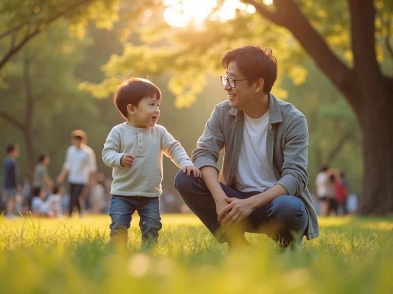 Park in the late afternoon sun. Japanese father interacts with his child. Child has carefree smile. Father looks at child but then gazes into distance with a hint of melancholy. Other families are present in the park. Overall atmosphere feels warm yet sad.