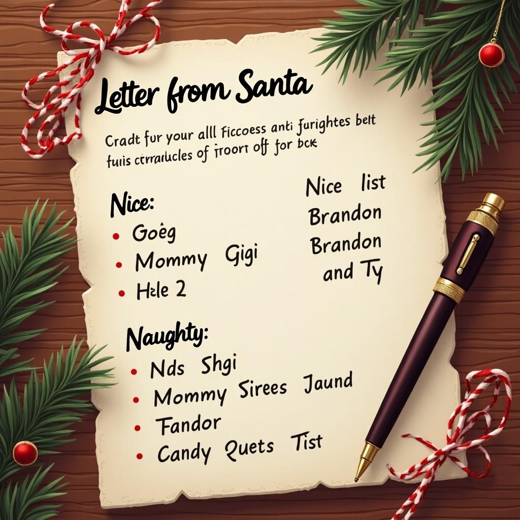 Letter from Santa Claus highlighting the naughty and nice lists. The nice list includes Mommy and Gigi. The naughty list features Brandon and Ty. The parchment is surrounded by Christmas decorations like holly and red ribbon.