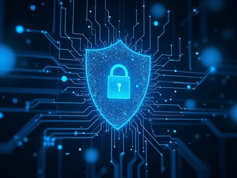 A cybersecurity firewall that blocks digital threats in a virtual space. Features a shield with a padlock in a glowing blue color.