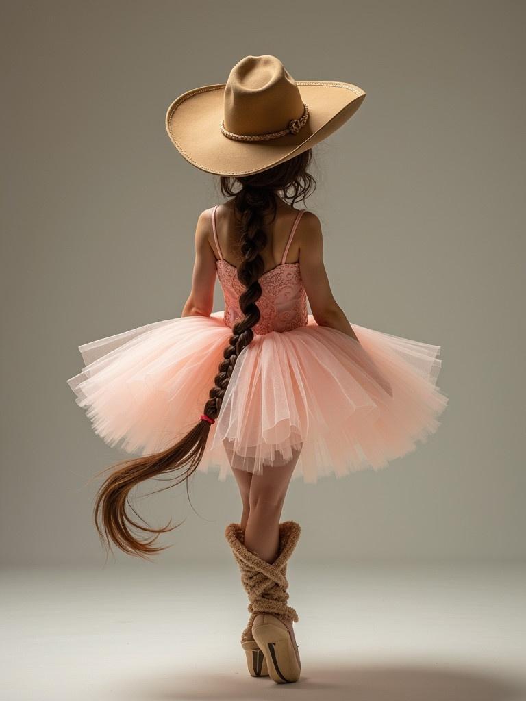 Young girl with a big western hat and a fluffy ballet tutu. She stands with a long braid. The focus is on her attire. No background present.