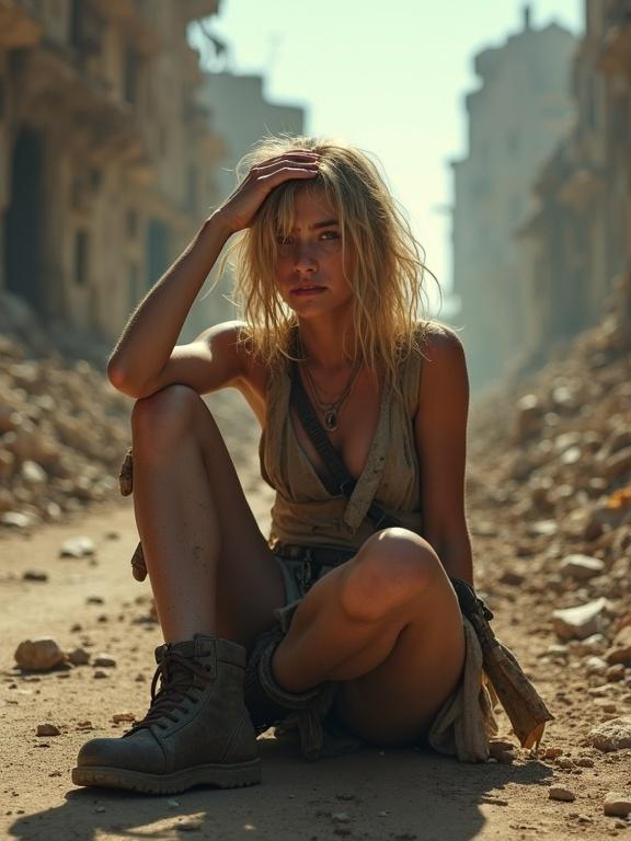 Sad young blonde girl sits on dirty road in ruined city. Hand above head. Sweat-slicked skin covered in dirt. Tangled hair clings to face. Piercing eyes scan wreckage. Wearing battle-worn leather. Crude blade rests at hip. Dusty air thick with danger. Crumbling buildings create shadows.