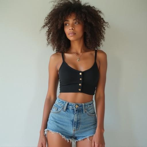 Young woman with black curly hair standing against a plain background. She is wearing a black crop top and denim shorts. She poses elegantly and confidently, displaying a casual summer vibe.