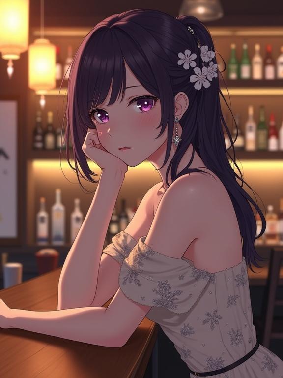 Semi-anime-style lady with dark violet hair adorned with flowers and earrings. Expressive light violet eyes with a melancholic gaze. Wearing an elegant light beige off-the-shoulder dress with silver floral patterns. Seated at a bar counter in Sakai, Japan, with illuminated shelves and warm lanterns in the background.