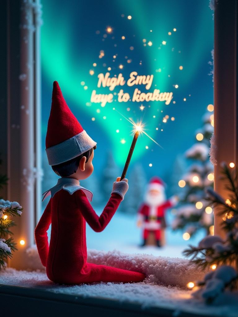 An elf on the shelf is positioned with back to viewer. The elf faces vibrant night sky while using wand to write special message. Sparkling letters hover above. Background features snow-covered trees and Santa Claus. Magical atmosphere filled with twinkling lights.